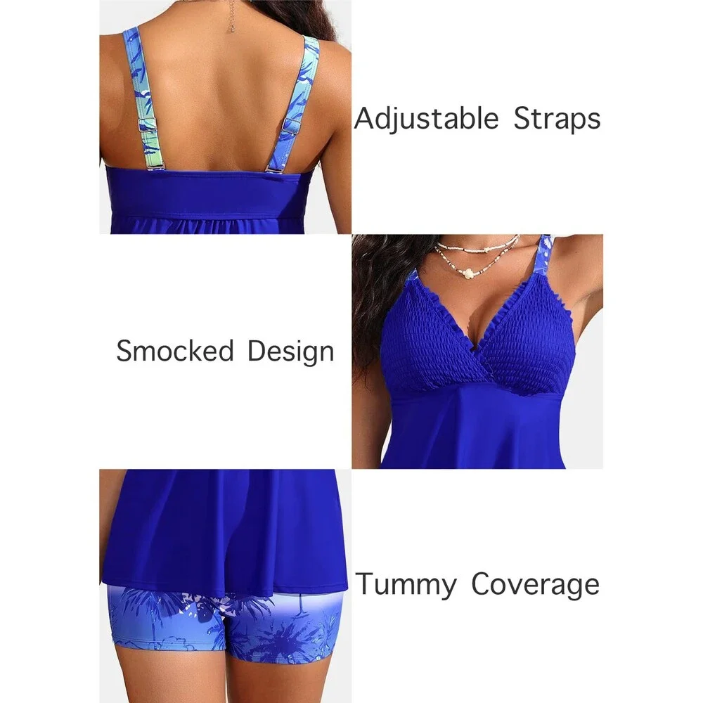 ROSEWE Women's Royal Blue Tankini Bathing Suits Two-piece Smocked Swim Dress XL